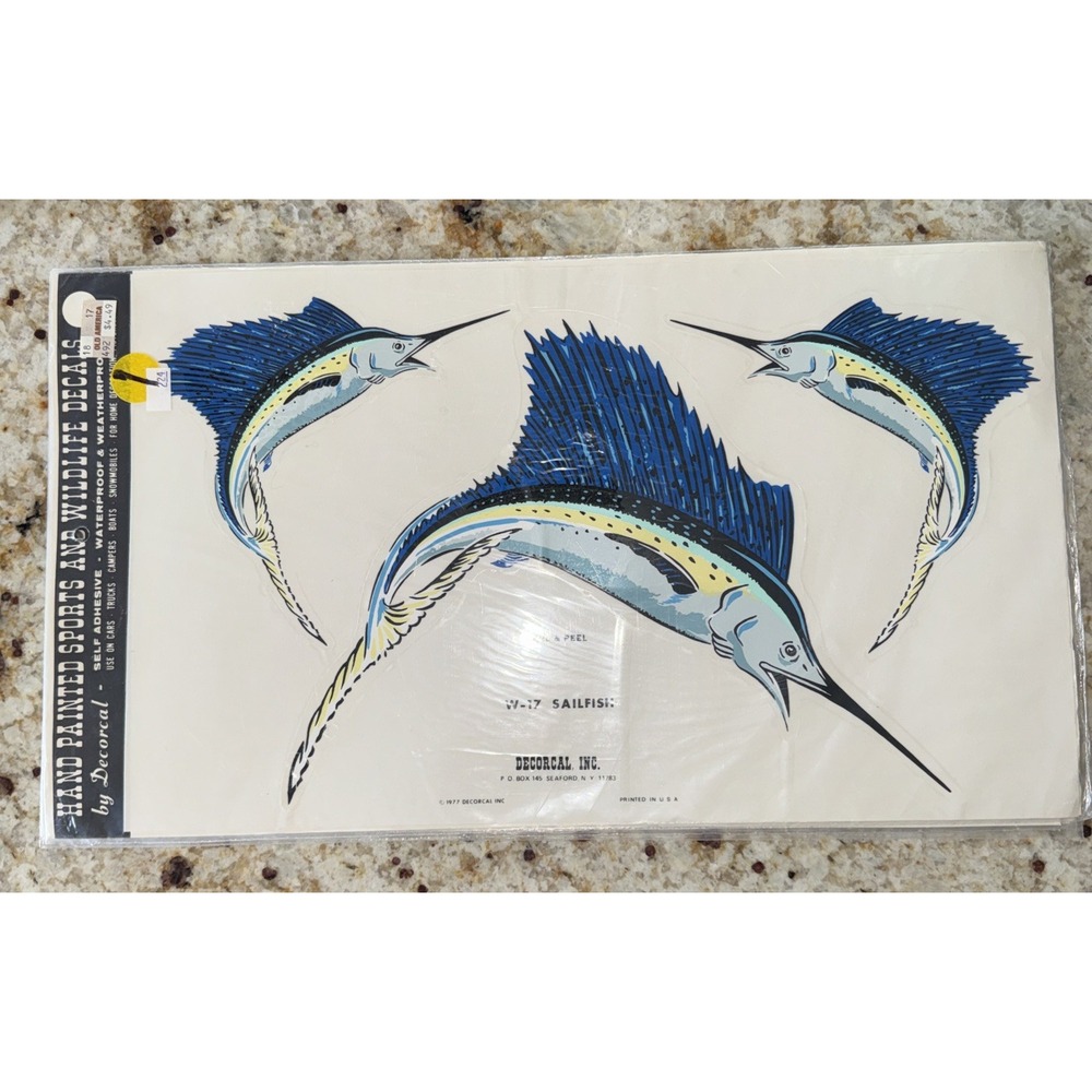 NOS 1970s Hand Painted Sailfish Decals Fisherman Stickers Boat USA Made Decoral
